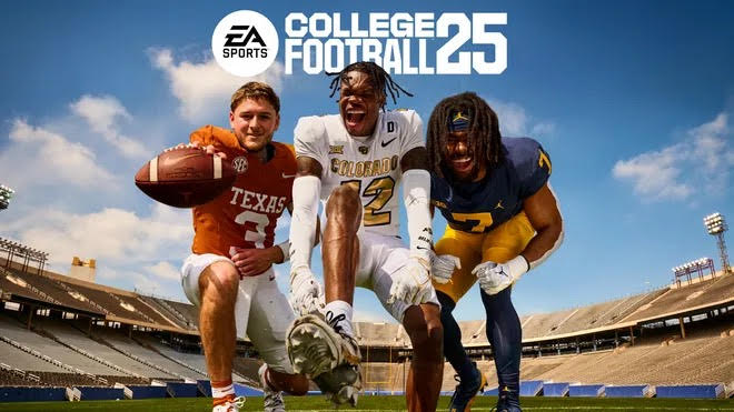 A New Era of Gaming: Quinn Ewers, Travis Hunter, and Donovan Edwards pose for the cover of CFB 25