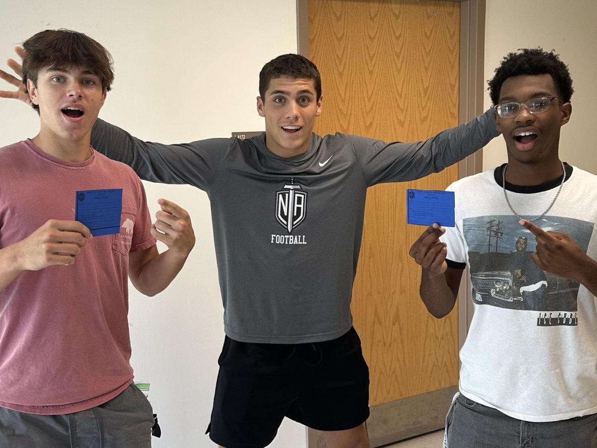 Say Goodbye to Skipping: Students Ryan Edwards, Josh McCullough, and Jackson Frazier attempt to adapt to the new hall pass rules.