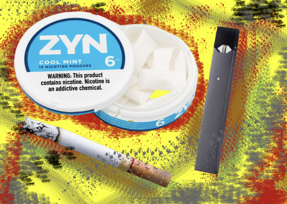 Dangerous tobacco products that are used by teens such as vapes and cigarettes alongside Zyn, a highly addictive substance with immense levels of nicotine that has recently gained popularity among teens.