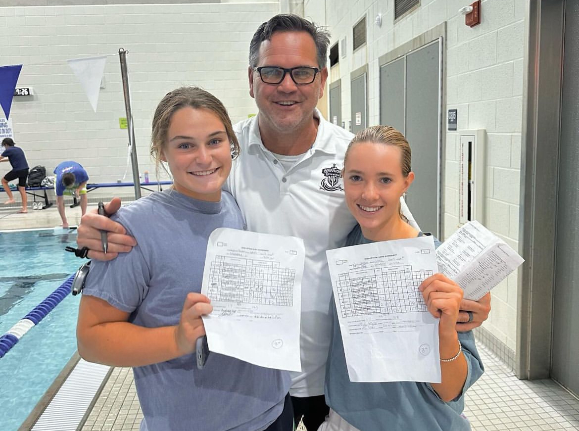 Senior captain Tenley Vassar and sophomore sensation Leighton Snider with Coach Tim Storsteen after qualifying for state at the first meet of the season.