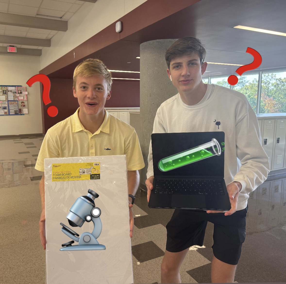 Doubling Up?: Juniors Cabell Townsend and Drew Coleman show their shock at the new Science Fair and IA merge
