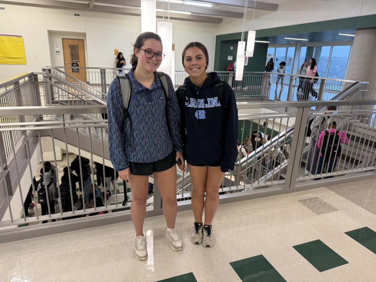 Whiplash Weather: Students Blair Carter and Harley Hull wearing shorts in November, as the weather has been unusually warm.
