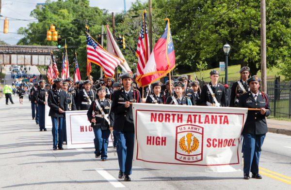 North Atlanta's JROTC marching at the 2023 procession of the 150th Atlanta Public Schools anniversary parade