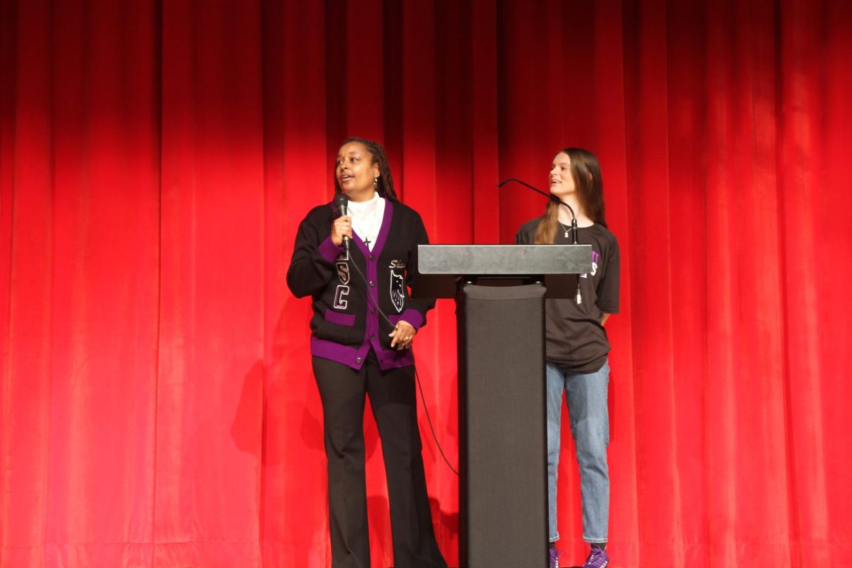 Shanna Trone offering an encouraging message to female athletes at NAHS on National Girls and Women in Sports Day